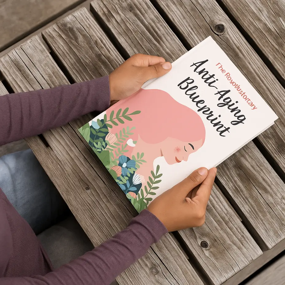 Hands holding 'The Revolutionary Anti-Aging Blueprint' bonus book on a rustic wooden table. Floral design cover included with Sumatra Slim Belly Tonic