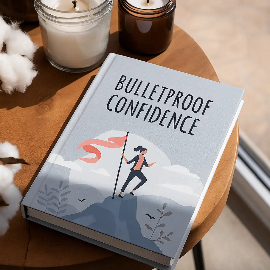 Hardcover copy of the bonus book 'Bulletproof Confidence' on a wooden coffee table with candles and cotton flowers. A gift with Sumatra Slim Belly Tonic
