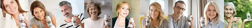 Collage of happy men and women holding Sumatra Slim Belly Tonic bottles, showcasing real user satisfaction