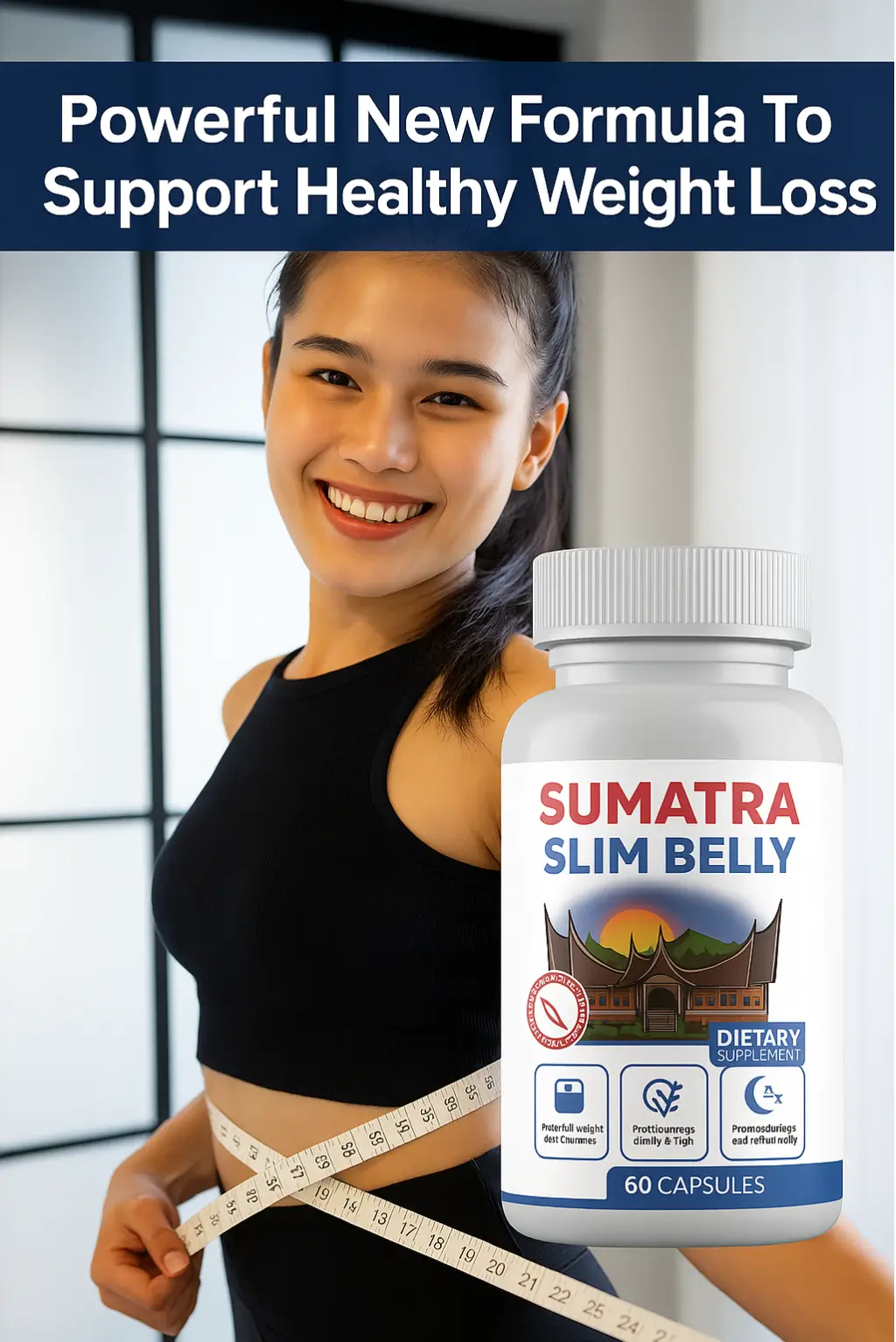 Smiling woman measuring waist with Sumatra Slim Belly Tonic bottle promoting healthy weight loss formula