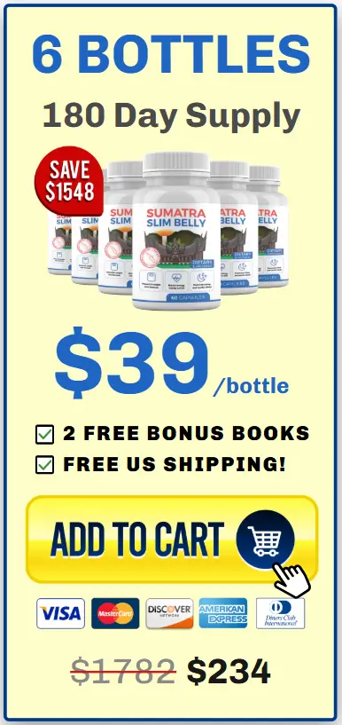Best value 6-bottle pack of Sumatra Slim Belly Tonic, 180-day supply at $39/bottle with free US shipping and bonus books