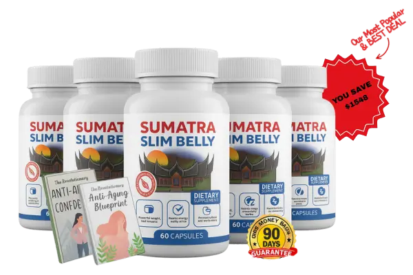 Six bottles of Sumatra Slim Belly Tonic price with bonus books and 90-day money-back guarantee badge