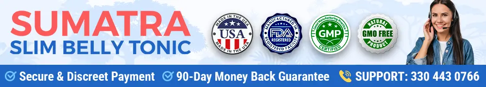 Banner for Sumatra Slim Belly Tonic with GMP, FDA, USA-made, and GMO-free seals, featuring support contact info